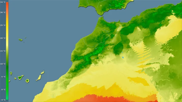 Średnia Temperatura Najcieplejszego Kwartału Obszarze Maroka Projekcji Stereograficznej Legendą Surowa — Zdjęcie stockowe