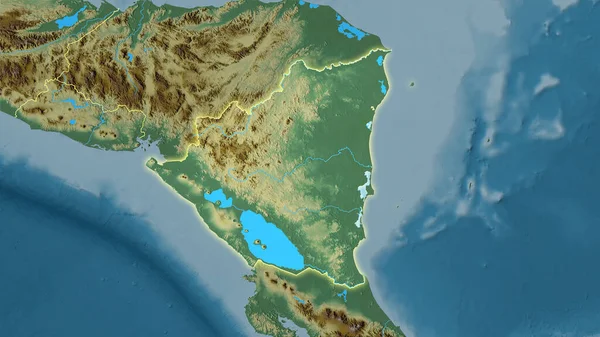 Nicaragua area on the topographic relief map in the stereographic projection - raw composition of raster layers with light glowing outline