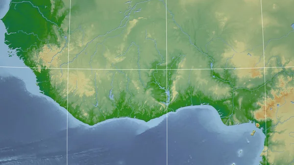 Togo Sąsiedztwo Odległa Perspektywa Bez Zarysu Kolor Mapa Fizyczna — Zdjęcie stockowe