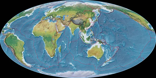 Mapa Mundo Projeção Mollweide Centrado Longitude Leste Principais Características Fisiográficas — Fotografia de Stock