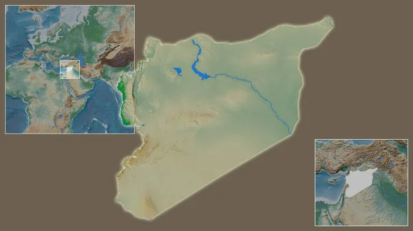 叙利亚的近景及其在该地区的位置 以及在大比例尺世界地图中心的位置 彩色物理图 — 图库照片