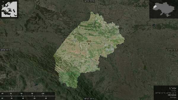 L'viv, region of Ukraine. Satellite imagery. Shape presented against its country area with informative overlays. 3D rendering