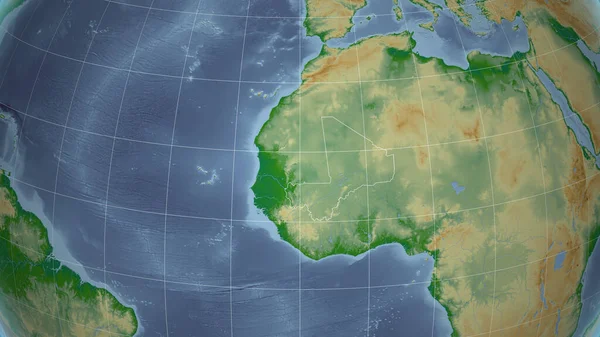 Mali Sousedství Vzdálená Perspektiva Obrysem Země Barevná Fyzická Mapa — Stock fotografie