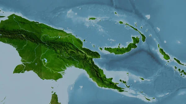 衛星Bマップ上のパプアニューギニア領域の立体投影 ラスター層の生の組成 — ストック写真