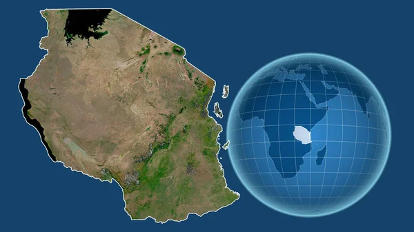 Tanzanie Globe Tvarem Země Proti Zvětšené Mapě Obrysem Izolovaným Modrém — Stock fotografie