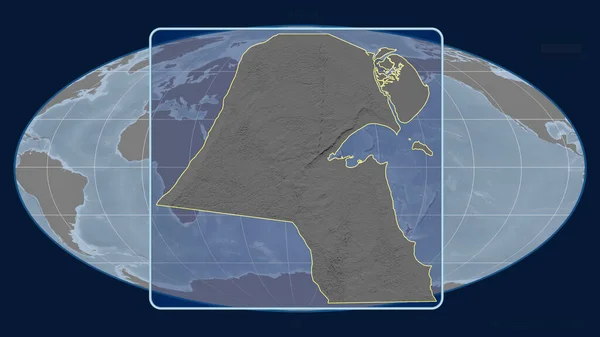 Přiblížený Pohled Kuvajt Perspektivními Liniemi Proti Globální Mapě Mollweidově Projekci — Stock fotografie