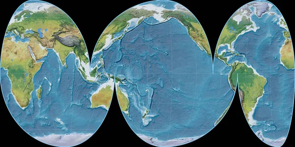 Carte Monde Dans Projection Mollweide Océans Centrée Sur Longitude Est — Photo