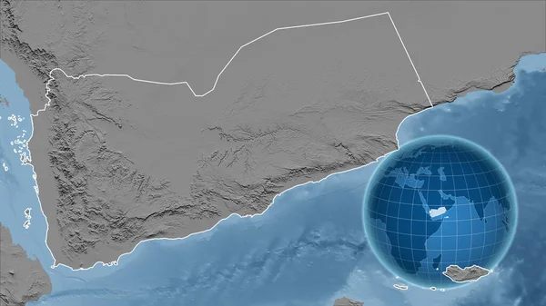 イエメン アウトラインを持つ拡大地図に対して国の形を持つグローブ グレースケール標高図 — ストック写真