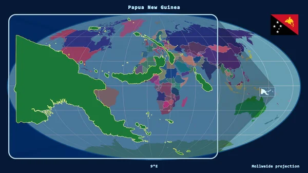 Přiblížený Pohled Papuu Perspektivními Liniemi Proti Globální Mapě Mollweidově Projekci — Stock fotografie