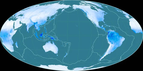 摩尔魏德投影中的世界地图以西经170度为中心 年平均降水图 具有满意边界和构造板块边界的栅格组合图 3D插图 — 图库照片