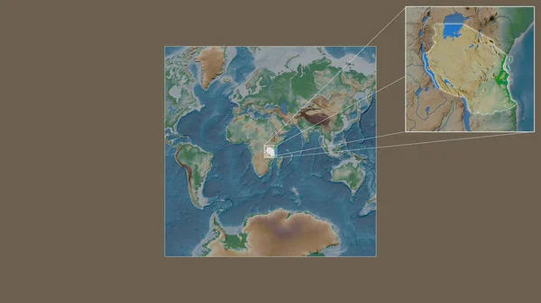 世界の大規模な地図から抽出されたタンザニアの拡大拡大領域と フレームの隅を結ぶ主要線 地図の色 — ストック写真