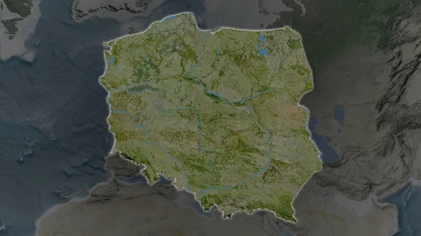 Polonya Bölgesi Çevresinin Karanlık Bir Zemininde Büyüyüp Parlıyordu Uydu Görüntüleri — Stok fotoğraf