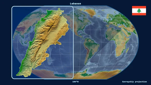 Zoomed-in view of Lebanon outline with perspective lines against a global map in the Kavrayskiy projection. Shape on the left side. color physical map