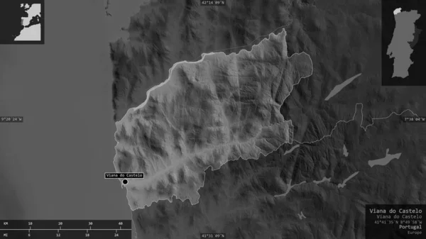 Viana Castelo Distrito Portugal Mapa Escala Grises Con Lagos Ríos — Foto de Stock