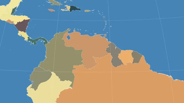 委内瑞拉及其邻国 距离偏斜的视角 没有轮廓 行政区划的彩色地图 — 图库照片