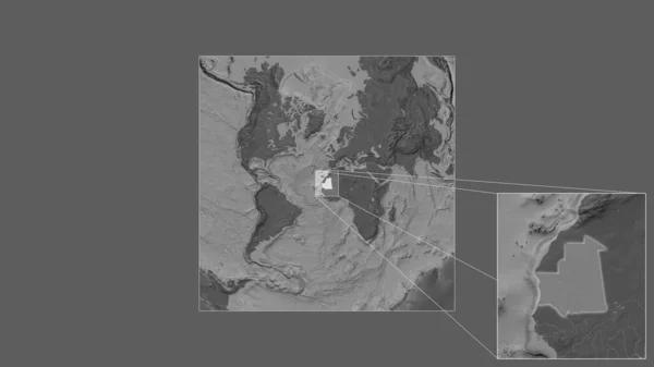 フレームの隅を結ぶ主要線で世界の大規模な地図から抽出モーリタニアの拡大および拡大領域 標高マップ — ストック写真