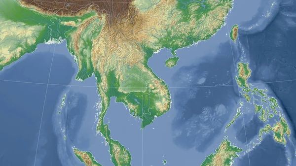 越南及其邻国 距离偏斜的视角 没有轮廓 彩色物理图 — 图库照片