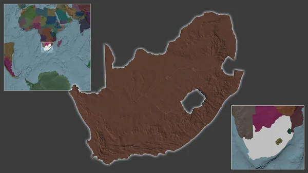 南非的近景及其在该地区的位置 以及在一个大比例尺世界地图中心的位置 行政区划的彩色地图 — 图库照片
