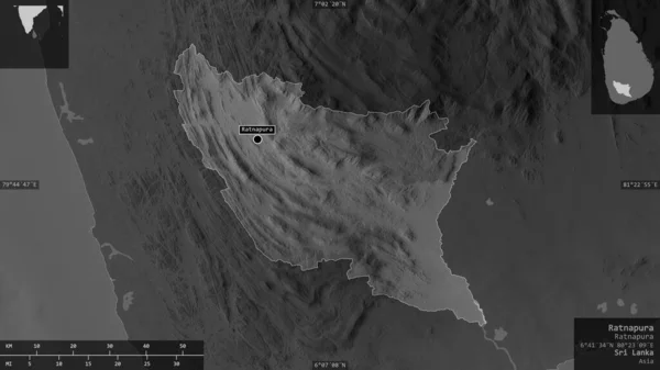 Ratnapura Distrito Sri Lanka Mapa Escala Grises Con Lagos Ríos — Foto de Stock