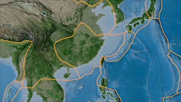 衛星上の構造プレート境界揚子江プレート領域に隣接する領域の地図 ヴァン グリンテンI予測 斜めの変換 — ストック写真
