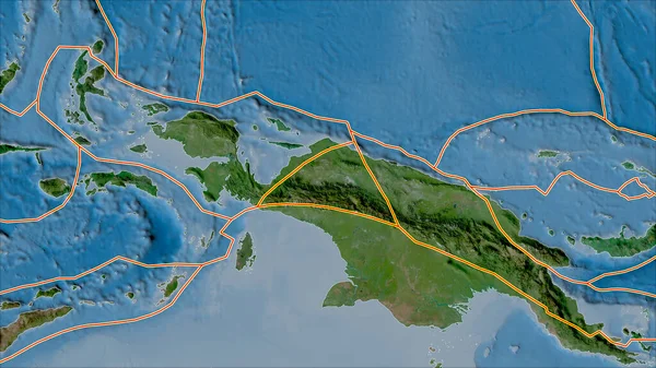 マオケプレート領域に隣接する領域の衛星Bマップ上の構造プレートの境界 ヴァン グリンテンI予測 斜めの変換 — ストック写真