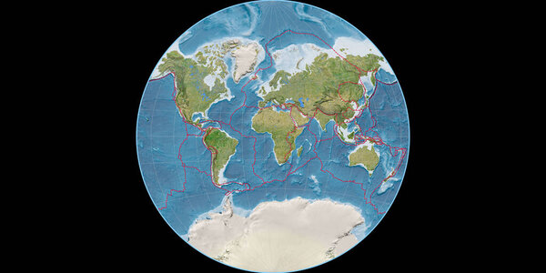 Карта мира в проекции Ван Дер Гринтена сосредоточена на 11 восточной долготе. Спутниковые снимки B - композитный растровый материал с границами тектонических плит. 3D иллюстрация