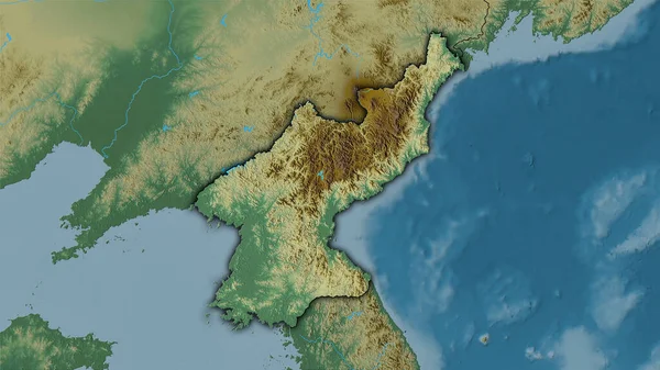 Área Corea Del Norte Mapa Topográfico Relieve Proyección Estereográfica Composición — Foto de Stock