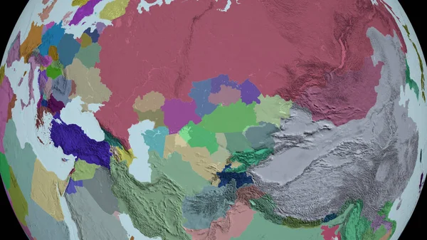 Kazakhstan zoomed and neighborhood. Colored and bumped map of the administrative division. 3D rendering