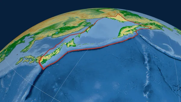 地球上で概説されたオホーツク地殻プレート 地図の色だ 3Dレンダリング — ストック写真