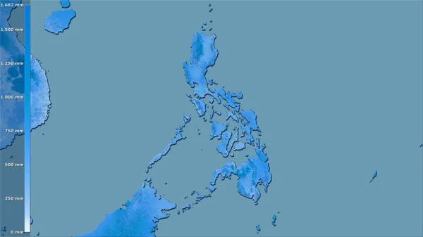 Precipitation of warmest quarter within the Philippines area in the stereographic projection with legend - raw composition of raster layers
