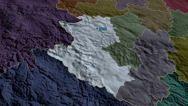 Zlatiborski Dzielnica Serbii Powiększyła Się Podkreślała Kapitałem Kolorowa Wyboista Mapa — Zdjęcie stockowe