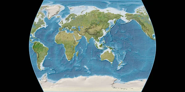 时代地图集投影中的世界地图以东经90度为中心 卫星图像B 具有满意效果的光栅的原始复合材料 3D插图 — 图库照片