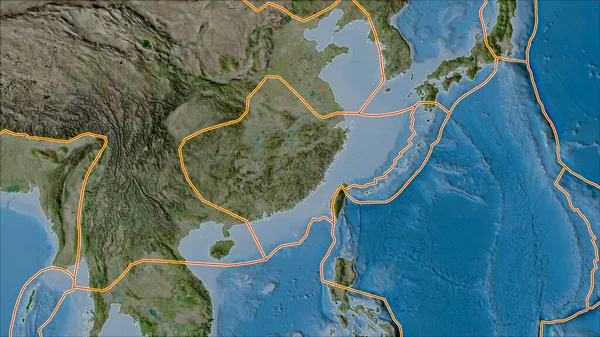 長江プレートエリアに隣接する地域の衛星Bマップ上の構造プレートの境界 ヴァン グリンテンI予測 斜めの変換 — ストック写真