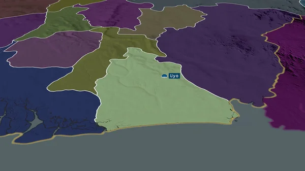 Akwa Ibom - state of Nigeria zoomed and highlighted with capital. Colored and bumped map of the administrative division. 3D rendering