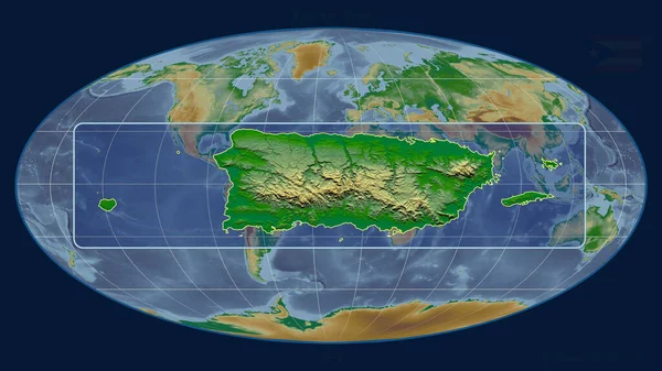 Porto Riko Yakından Bakınca Mollweide Projeksiyonundaki Küresel Haritaya Karşı Perspektif — Stok fotoğraf