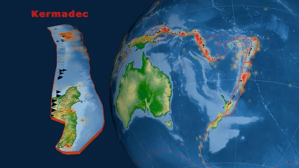 Kermadecka Płyta Tektoniczna Opisana Wytłaczana Prezentowana Kuli Ziemskiej Mapa Fizyczna — Zdjęcie stockowe