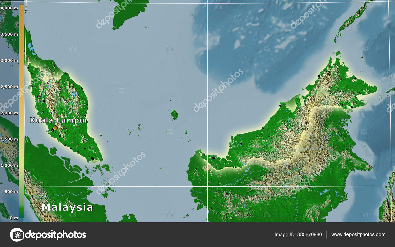 Physische Karte Innerhalb Des Gebiets Malaysia Der Stereographischen