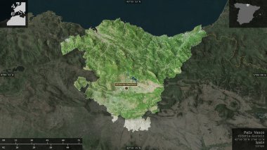 Pais Vasco, İspanya Özerk Topluluğu. Uydu görüntüleri. Ülke alanına karşı bilgilendirici örtülerle sunulan şekil. 3B görüntüleme