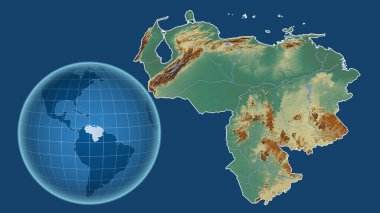 Venezuela 'da. Yakınlaştırılmış haritaya karşı ülkenin şekline sahip dünya mavi arka planda izole edilmiş. topografik yardım haritası