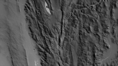 Kayah, Myanmar eyaleti. Gölleri ve nehirleri olan gri tonlu bir harita. Ülke alanına göre şekillendirilmiş. 3B görüntüleme