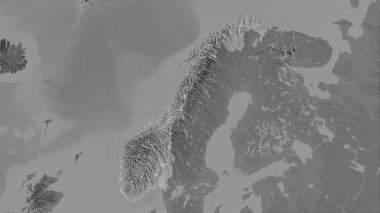 Stereografik projeksiyondaki gri ölçekli yükseklik haritasında Norveç alanı - raster katmanlarının ham bileşimi