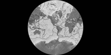 Lambert-Lagrange projeksiyonundaki dünya haritası 90 Batı boylamına odaklı. Çift seviyeli topografik harita - gratikül ve tektonik levhalar kenarlı raster bileşimi. 3B illüstrasyon