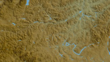 Bulgan, Moğolistan vilayeti. Gölleri ve nehirleri olan renkli gölge verileri. Ülke alanına göre şekillendirilmiş. 3B görüntüleme