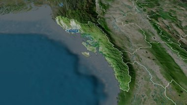 Rakhine - Myanmar eyaleti sermaye ile yakınlaştırıldı ve vurgulandı. Uydu görüntüleri. 3B görüntüleme