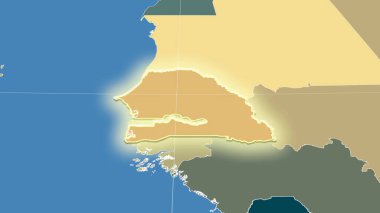 Senegal ve mahallesi. Uzak eğimli perspektif - şekil parlıyordu. idari bölümlerin renk haritası