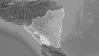 Stereografik projeksiyondaki gri ölçekli yükseltme haritasında Nikaragua bölgesi - ışık saçan dış hatları olan raster tabakalarının ham bileşimi