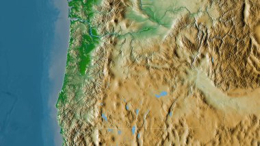 Oregon, Birleşik Devletler Eyaleti. Gölleri ve nehirleri olan renkli gölge verileri. Ülke alanına göre şekillendirilmiş. 3B görüntüleme