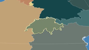 İsviçre ve komşuları. Uzak eğimli perspektif - şekil çizilmiş. idari bölümlerin renk haritası