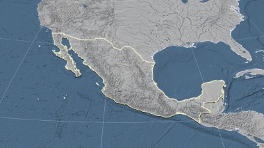 Meksika ve mahallesi. Uzak eğimli perspektif - şekil çizilmiş. Gri tonlama yükseklik haritası
