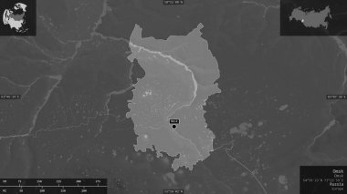 Omsk, Rusya bölgesi. Gölleri ve nehirleri olan gri tonlu bir harita. Ülke alanına karşı bilgilendirici örtülerle sunulan şekil. 3B görüntüleme